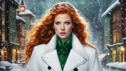 (snowmaiden [Brittany Robertson | Rachelle Lefevre]), white coat, ginger hair, green eyes, snowstorm, (fantasy city) background, art by [Todd Schorr | Iryna Yermolova]