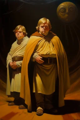 1970's dark fantasy cover dnd style oil painting of a fat obese luke skywalker and obi-wan kenobi and han solo with minimalist far perspective