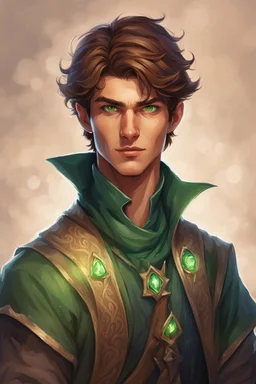 handsome twenty nine-year-old sorcerer, with tanned skin, brown hair and green eyes, with a kind face