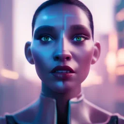 double exposure of a futuristic cyberpunk woman in an alien city by alessio albi --v 4