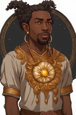 38 years old black man, elf, brown color eyes, brown small puffy curly ponytail, wears ringmail, necklase with a symbol of sun, no earings