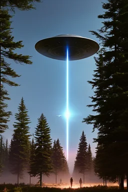 year is 1966 (a bunch of school kids) see ufo flying over tall pine trees, concept art, by Asaf Hanuka, by Weta Digital, Electric Colors, Screen Space Global Illumination, in a symbolic and meaningful style,