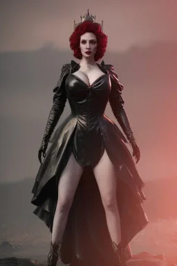 Christina Hendricks as evil queen in black leather gown, cleavage, angry, unreal 5, octane render,cinema4d, dynamic lighting, dramatic lighting, 4k, redshift render, highly detailed, hyper realistic