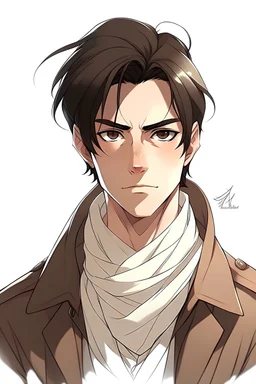 Attack on Titan A 16-year-old boy with thick black hair and a few white strands, brown eyes, a few pimples on his face, and a round face. Intj