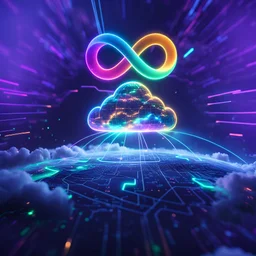 Colourful 3D glowing infinity symbol ∞, hovering above a colourful glowing cloud, network and lights coming from the cloud onto a futuristic map of the globe, inspiring, neon, glowing, friendly, beautiful, octane render, 8k post-production, artstation: award-winning: atmospheric: commanding: fantastical: clarity: 16k: ultra quality: striking: brilliance: liquid medium: stunning colors: amazing depth; lens: f/8, 28mm