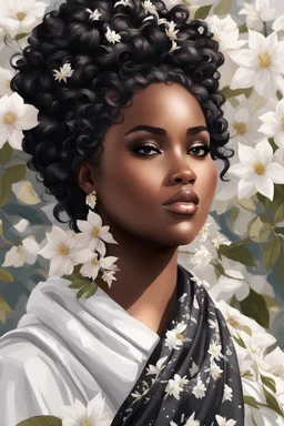 create an urban culture art image of a black curvy female looking to the side with a curly messy bun in a wrapped hair scarf. prominent make up with hazel eyes. 2k Highly detailed hair. Background of white clematis flowers surrounding her, full body