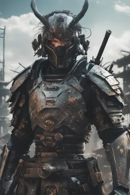 Close image of Anime depiction of a cybernetic samurai in a post-apocalyptic setting, focusing on the intricacies of the armor and weaponry, 8k realistic