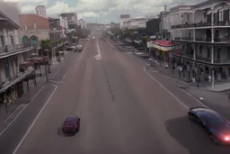 A Tesla 'Model Y' is racing at top speed, on the streets of New Orleans. (CINEMATIC, WIDE ANGLE LENS, PHOTO REAL)
