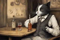 childrens book illustration, macskássy izolda, a frightened looking black and white cat with a cigarette in his mouth, a glass of whiskey in his hand, looking just at us in a smoky pub, van eyck, painted on rough canvas with exaggerated lines, sharp brushstrokes, dripping, plastic paint watercolor and ink, oil on canvas jean baptiste monge