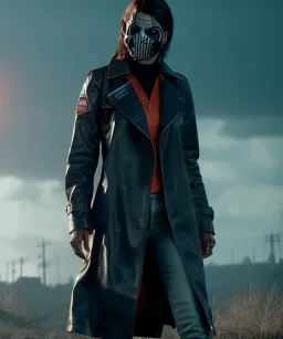 A badass Sofia Buttela wearing a scream mask, atmospheric, realistic, red leather trench coat, unreal engine, cinematic lighting, octane render.