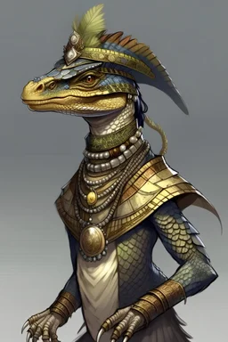 anthropomorphic monitor lizard, female, she is wearing a feathered headdress and necklace as well as wearing leather armor. she has upright posture and is in the middle of casting a spell with dark magic