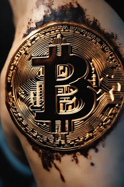 A Bitcoin logo is burned into the skin of a man by a branding iron. It's dramatic and happended in the moment, close view. The mark is on the mans inner forearm and It is still hot and steam can be seen from the burn mark. Super realistic, dramatic, 8k