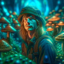 portrait of hippie army officer inside glowing mushroom grove, 8k, down-light, soft light, depth of field, photo realism, trending on art station, high detail