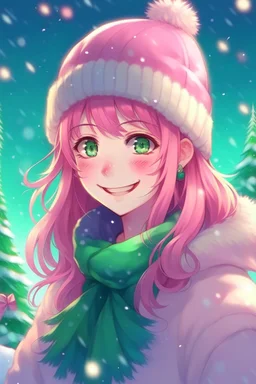 cute anime girl, wearing classic Christmas hat, smiling, green eyes, medium pink hair with purple gradient, Christmas background with trees and lots of snow