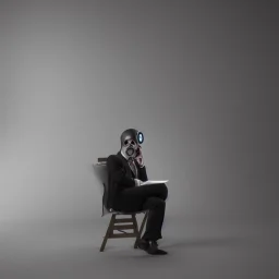 3d view, homme en costume gris assis sur une chaise dans un bunker, jambes croisées, masque à gaz, 4k, réaliste