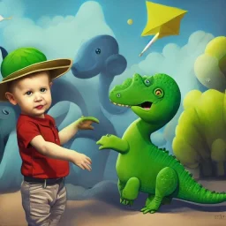 1yo little szymon is on safari onthe moon. petting a green dinosaur. he has big binoculars and a funny hat. High detailed. Cinematic. Digital painting. Warm lights.