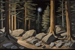 Night, trees, mountains, rocks, richard estes paintings