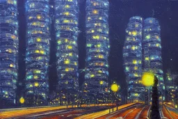 Night, futuristic buildings near trees, highway, people, sci-fi, impressionism, ealistic painting