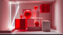 Composición abstracta de formas puras tridimensionales (cubos, esferas y cilindros) en equilibrio inestable, relaciones geométricas tensas, planos flotantes translúcidos en múltiples capas, líneas luminosas diagonales articulando el espacio, retícula ortogonal fragmentada, paleta de rojos intensos y neutros grises, contraste entre masa sólida y vacío profundo, iluminación dramática con sensación de movimiento