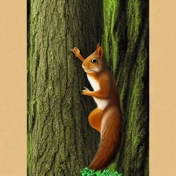 Fantasy image,wooded background, squirrel looming over a four inch person