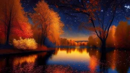 River, trees with golden and red leaves, autumn, a beautiful night sky, visible galaxies