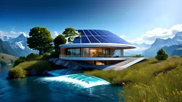 6003. Innovative environmentally-friendly home on Titan, solar panels, water wheel in river, alternative energy, scientific experiment, home of the future, fantasy, robotic, automated, spectacular, futuristic, beautiful lighting, attractive composition, photorealistic, extremely detailed, chiaroscuro