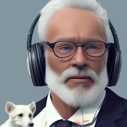 old man with glasses, with dog travels the universe of sound, photorealistic, 8k