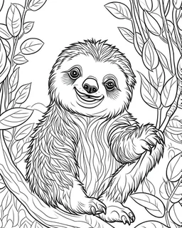 create a 2d black outline, "safari smiling cartoon sloth on a branch coloring book for kids", coloring page, low details design, black contour, coloring page design, simple background, colorful , card style, coloring page for kids, white background, sketch style, safari landscape, cartoon style