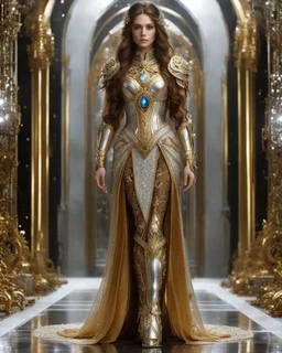 Photography,girl,full body,looking front view,brown long hair, gown dress mechanical,delicate gold and full diamonds colors crystal jewelrys,silver metalic parts, golden parts, intricate armor, detailed part,Movie Still