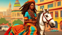 "I'm envisioning a captivating scene featuring an Ethiopian local girl with dreadlocks riding a horse in the city. The backdrop is a vibrant Ethiopian cityscape, seamlessly blending traditional and modern elements. The girl, adorned in colorful and traditional clothing, proudly displays beautiful dreadlocks adorned with beads and accessories. She skillfully rides a horse through the bustling city streets, with the horse adorned in traditional Ethiopian fabric and beaded decorations. The surround