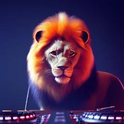 DJ lion, unreal 5, octane render, cinema4d, redshift render, hyper realistic, cenematic, vibrancy, synthwave, retouch, centered, dynamic lighting, dramatic lighting, 4k, highly detailed, attractive beautiful, realistic, epic composition, holographic,