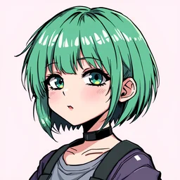 retro anime art style,a short hair girl,cute,green hair color,metal,thin lines,wild art,disturbing,Yandere,kawaii,Pixelated