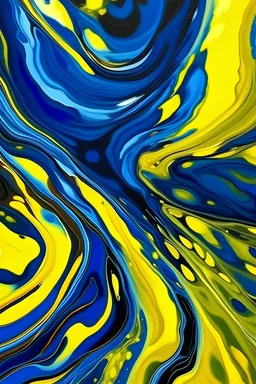 Fluid abstract painting, Deep blue, lemon, liquid pattern