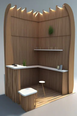 Corner exhibition stand in eco-style, with wood elements and meeting areas