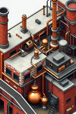 Isometric view, steampunk multiple building factory with red and white brick walls. Copper pipes, copper boilers, conveyor belts on the exterior.