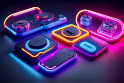 detail shot of 4 plastic gadgets: 3 grouped together on left side, 1 right, hyperrealistic 16k, 3d rendering, expressively detailed, dynamic light, neon lighting,