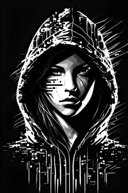 Create a logo of an epowered female hacker with an huddie with the face forward faceing, in black and white, with a black background