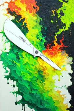 Surfing the time knife directing machine elves using your hands to send fractal energy machine elves between creation and destruction like a DNA strand" in Jorn’s raw, gestural style. The jagged, white-hot time knife slicing through the canvas creates a dynamic focal point, symbolizing the relentless march of time. The division between creation (organic, dripping greens, yellows, and blues) and destruction (fiery, scratched reds, oranges, and blacks) sets up a cosmic tension, while the neon frac