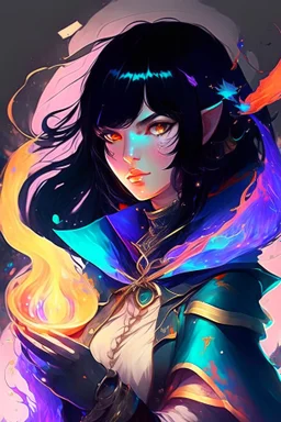 anime woman with black hair, mage, colorful