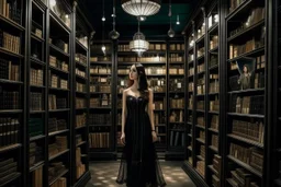 full-height shot of a woman in a tight black dress, inside a large magic book shop, shelving, lights, books, bottles, windows