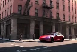 A Tesla 'Model S' is parked, near the building of the 'Friends' series in New York. (CINEMATIC, WIDE ANGLE LENS, PHOTO REAL)