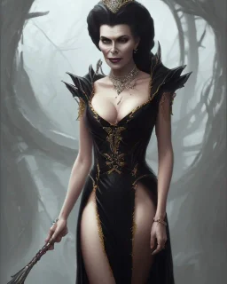 old evil queen in black leather gown, femme fatale, volouptous, busty, cleavage, angry, emperious, 8k resolution concept art portrait by Greg Rutkowski,