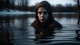 A woman with an evil face, horror, drowns the child in the lake. Winter, frozen lake, dark