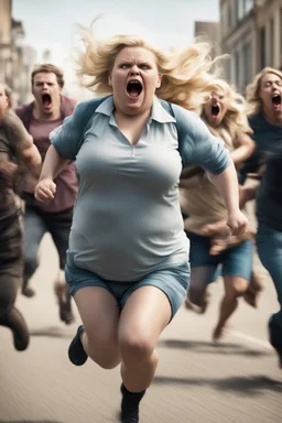 an obese terrified blonde woman running away from an angry mob chasing her