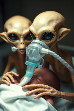 Aliens nursing A sick newborn with respiratory illness and oxygen mask covering babies face