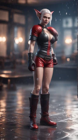 full figure with boxing gloves, standing on wet tiled floor, female vampire elf from worms armageddon wearing makeup, bokeh like f/0.8, tilt-shift lens 8k, high detail, smooth render, down-light, unreal engine, prize winning