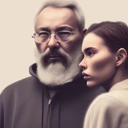 a young woman sitting next to a 50-year-old man with a beard and short hair, portrait, 8K, close-up face, anatomically perfect face, Highly detailed stunning full frame portrait, misty and cloudy atmosphere