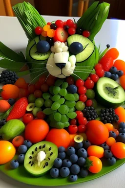 un chat fabriqué uniquement avec des morceaux de légumes et de fruits.