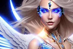 A beautiful portrait of a cute smiling cyber woman with wings, long blond platinum hair, luminous blue eyes, high key lighting, volumetric light high details with blue and white stripes white luminous celtic paterns, beam starry background