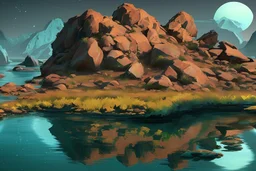 exoplanet, water reflection, rocks, vegetation